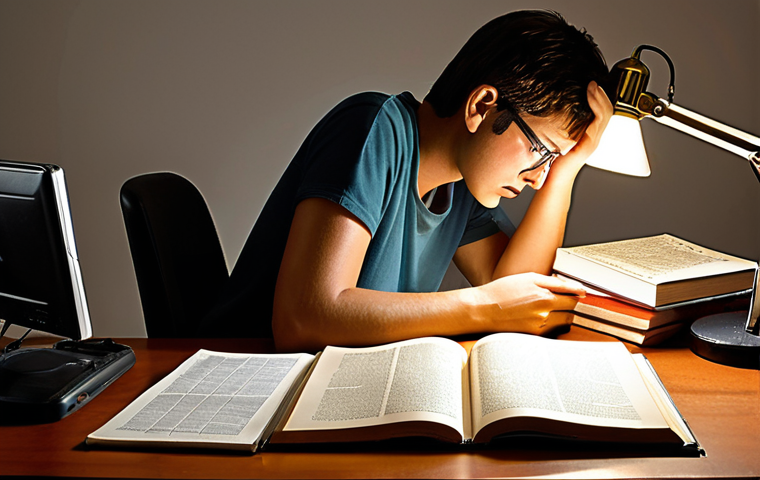 A person studying traffic rules with books and online resources, looking stressed but determined, illuminated by a desk lamp. The scene should convey the feeling of overcoming a "mountain of information" as described in the text.